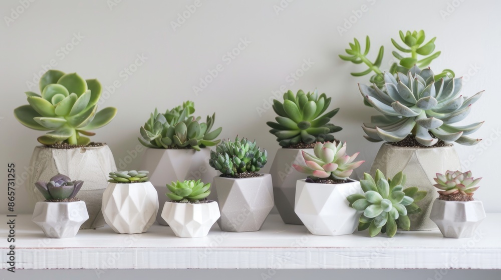 Geometric succulent planters with tiny plants on white shelf as lifestyle home decor