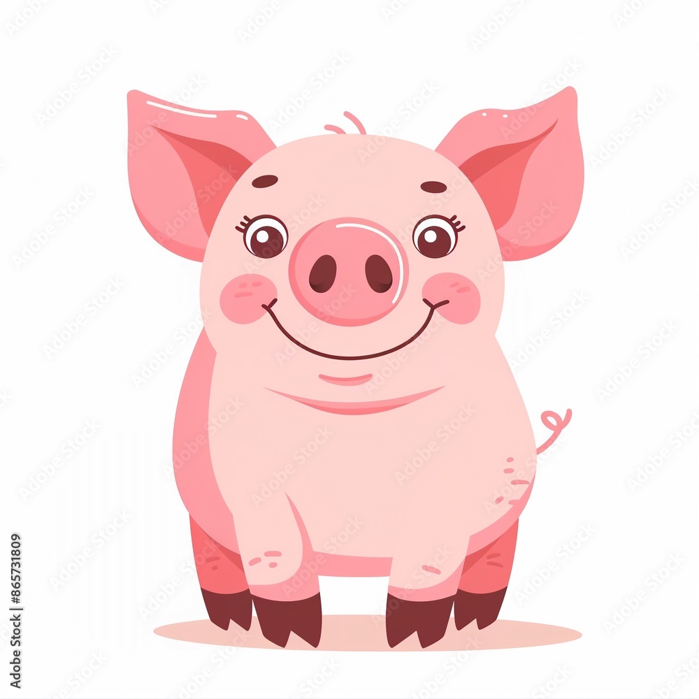 Fototapeta premium Very cute cartoon baby pig piggy smiling isolated on white background, minimal modern illustration style, for restaurant, pork, farm, children's book, card use.