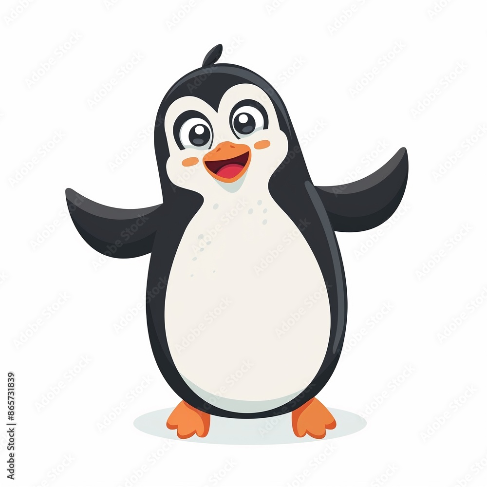 Obraz premium Happy cartoon penguin smiling and saying hello to the camera, cute penguin illustration isolated on white, for card, zoo, children's book, poster, banner.