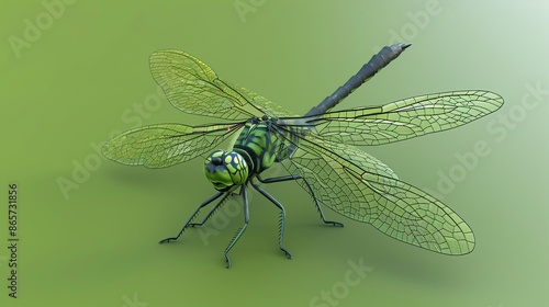 A green dragonfly with translucent wings perches on a green surface.