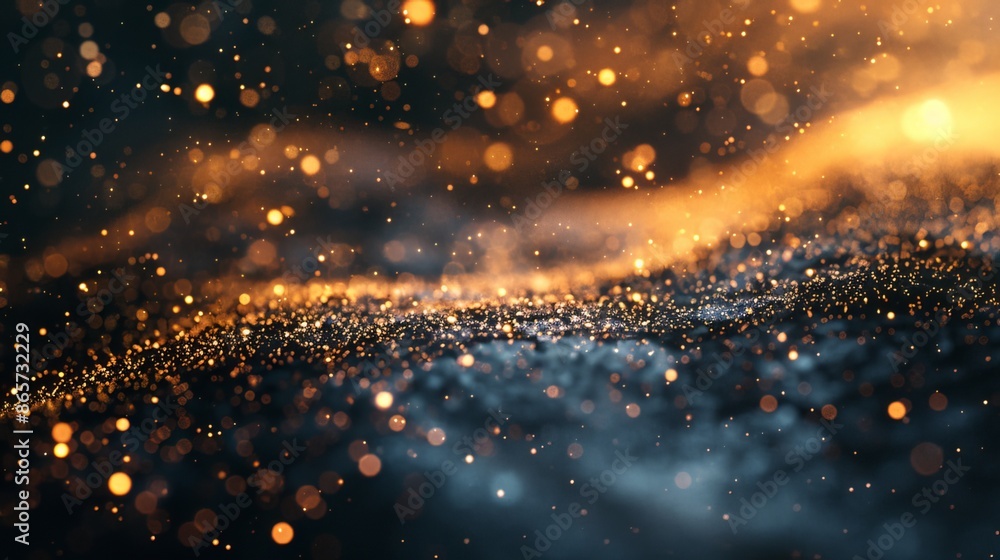Shimmering particles of gold dance across a dark background, creating a magical effect. Shimmering particles of gold dance across a dark background, creating a magical effect.