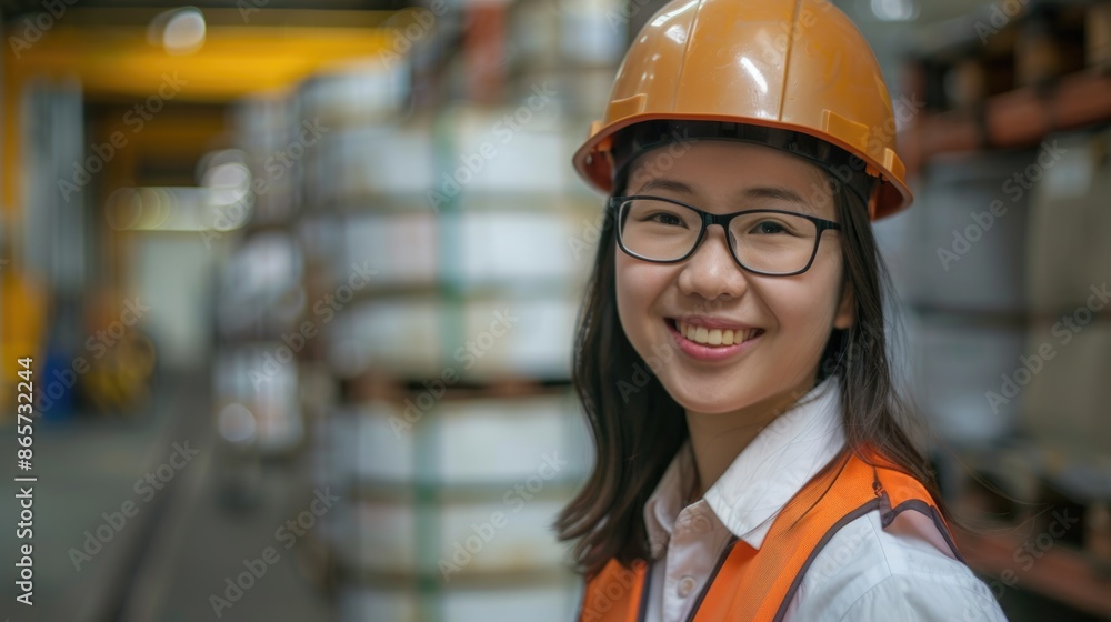 Smiling Asian engineer in warehouse setting with copy space. Smiling Asian engineer in warehouse setting with copy space.