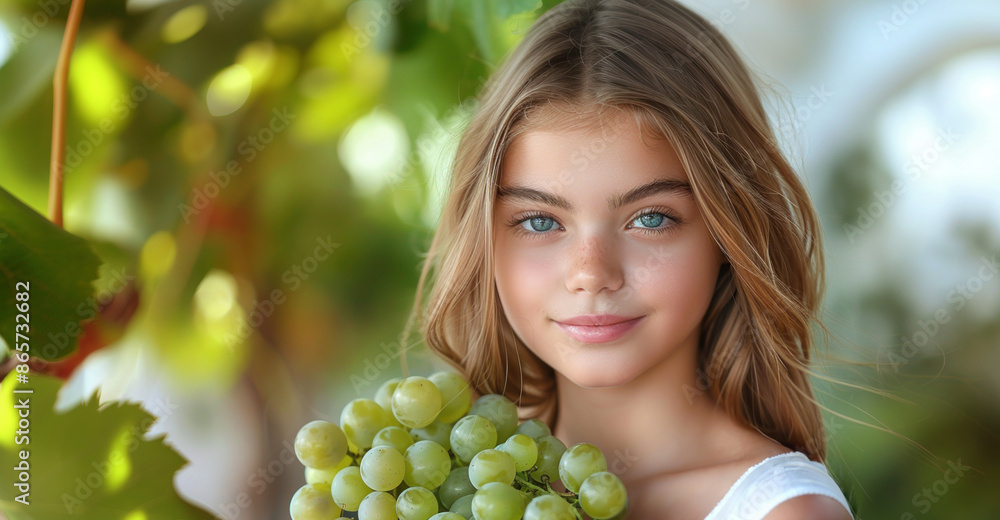 Portrait of young pretty beautiful woman holding bunch of grapes in her hand in vineyard.