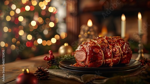 Christmas gammon joint resting on a plate with Christmas decorations behind it.