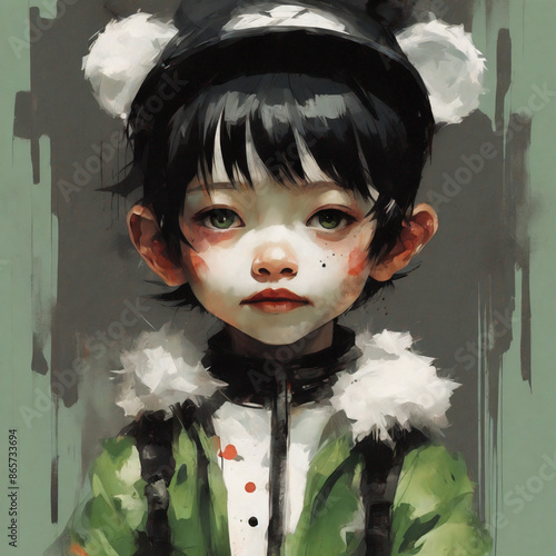 Emotional Portrait of Young Boy in Winter Hat with Bear Ears – Painterly Digital Illustration
