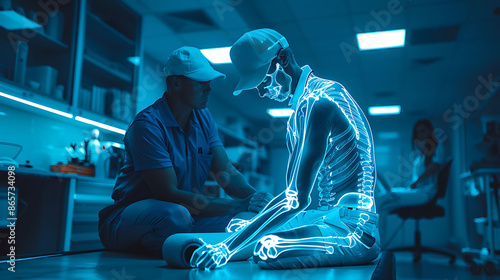Golfer using a foam roller on the shoulders with a glowing xray effect recovering from a shoulder strain under the guidance of a physical therapist photo
