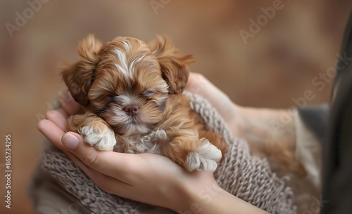 A lovely white puppy with adorable paws is held in someone's hand in this solitary photograph of a little Shih Tzu dog.