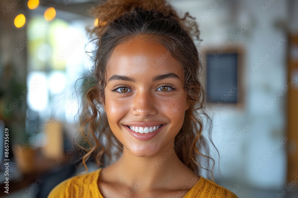 Obraz premium Smiling Indian Woman at Home Office