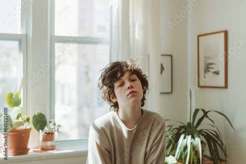 A relaxed young lady is peacefully seated in a sunfilled room with numerous indoor plants, exuding serenity AIG58 photo