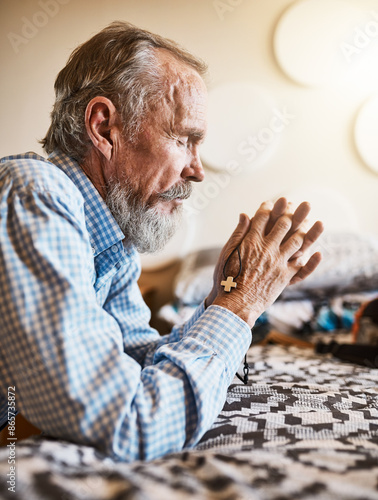 Canvastavla Cross, faith and praying with old man in bedroom of home for Christian praise or worship to God
