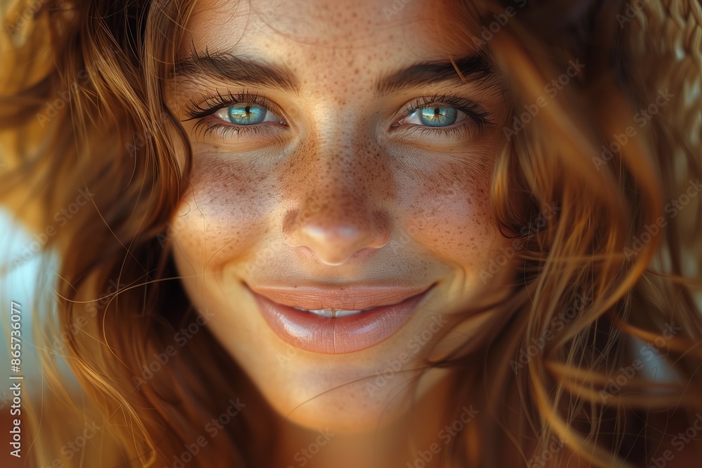 Closeup Portrait of a Woman With Freckles and Blue Eyes Smiling Closeup Portrait of a Woman With Freckles and Blue Eyes Smiling