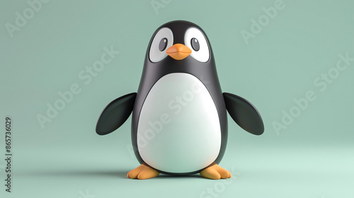3D rendering of a cute penguin standing on a green background. The penguin has a black head and back, a white belly, and orange feet and beak. photo