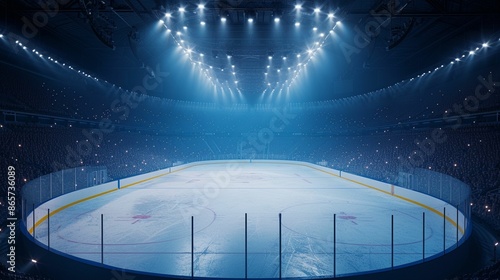 Empty Hockey Rink Under Bright Lights in Large Arena