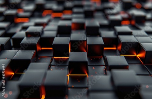 Close Up of Black Cubes With Orange Glows, Abstract Background
