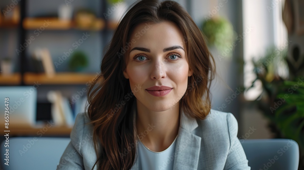 Businesswoman leads video calls and interviews remotely using webcam. Businesswoman leads video calls and interviews remotely using webcam.