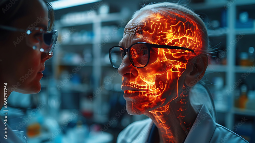 Soccer player recovering from a concussion with a glowing xray effect on the head under the care of a physical therapist