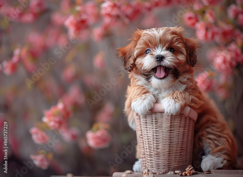 Adorable white Shih Tzu puppies nestled in a basket.