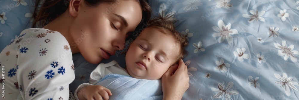 A serene and loving image of a mother resting beside her sleeping baby, showcasing the comfort and peacefulness of a well-prepared sleeping environment. Generative AI A serene and loving image of a mother resting beside her sleeping baby, showcasing the comfort and peacefulness of a well-prepared sleeping environment. Generative AI
