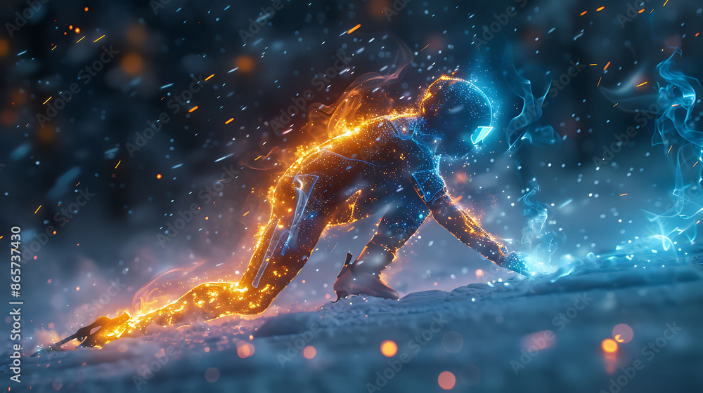 Obraz premium Speed skater in a detailed depiction performing dynamic leg stretches with glowing xray ensuring authenticity in preventing hamstring strains