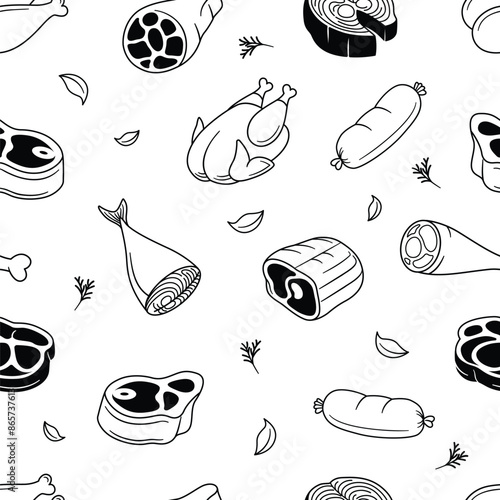 Meat doodle seamless pattern wallpaper background vector illustration