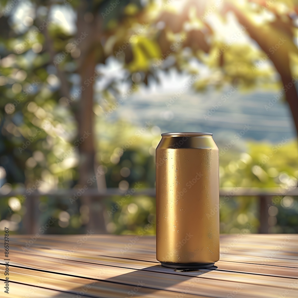 Gold can on a wooden table with a blurred background of green trees and sunlight. Concept of beverage, refreshment, and summer. Gold can on a wooden table with a blurred background of green trees and sunlight. Concept of beverage, refreshment, and summer.