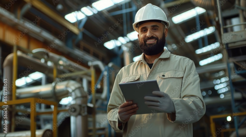 Muslim male engineer in hard hat checks project with tablet. Muslim male engineer in hard hat checks project with tablet.