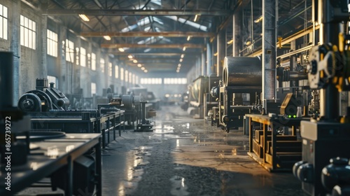 Wide interior shot of metalwork factory equipped with modern industrial machines copy space