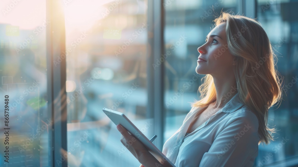 Fototapeta premium Young businesswoman daydreaming with digital tablet in office.