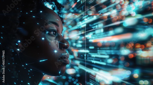 Young black woman using holographic screen for global communication.