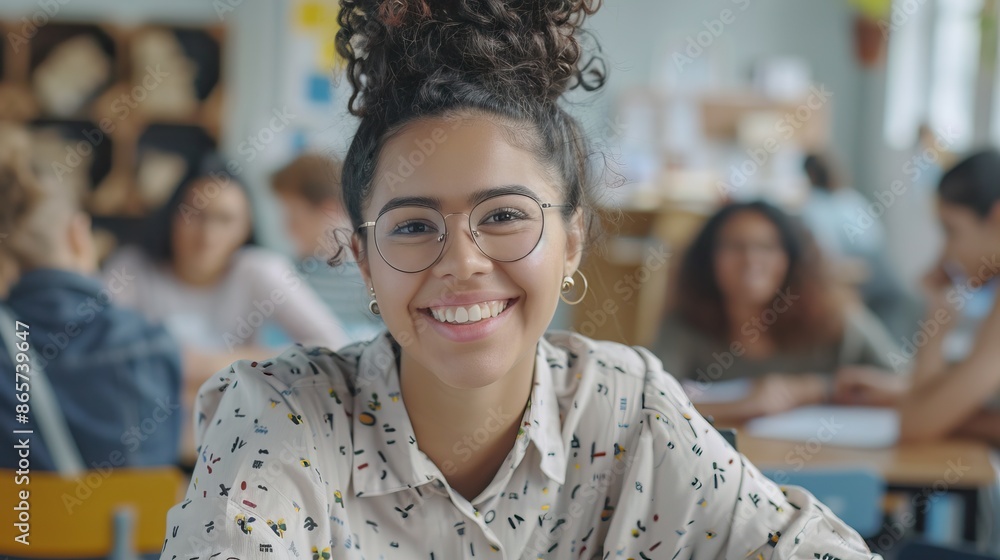 Happy Hispanic student in virtual class with teacher taking notes. Happy Hispanic student in virtual class with teacher taking notes.