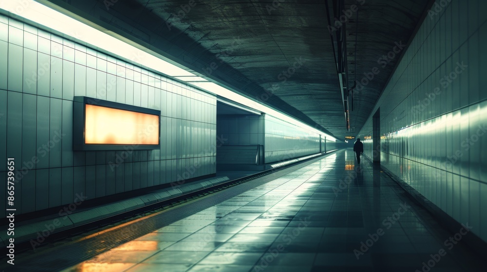Empty Modern Subway Station with Distant Figure - Generative AI Empty Modern Subway Station with Distant Figure - Generative AI