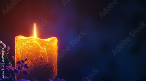 3D rendering of a single burning candle with a golden melted wax surface. photo