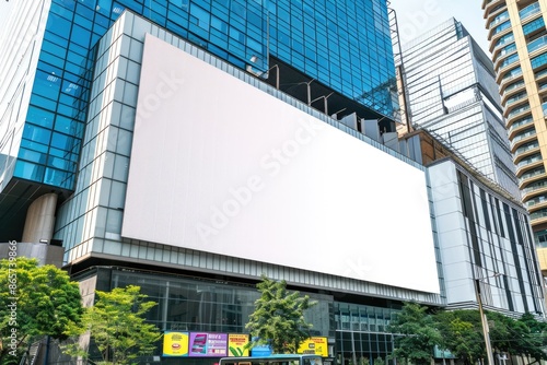 Urban building billboard mockup with digital display screen for OOH media. photo