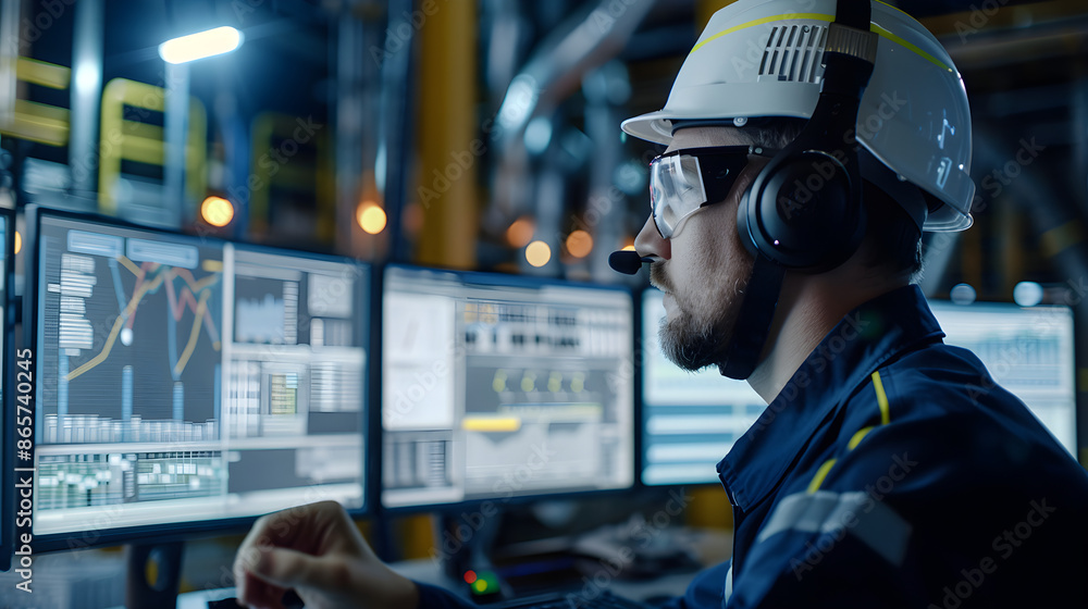 Man in Headset Monitoring Drilling Operations on Computer Screen Man in Headset Monitoring Drilling Operations on Computer Screen