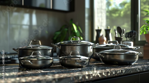 A set of stainless steel cookware on a marble kitchen counter. photo