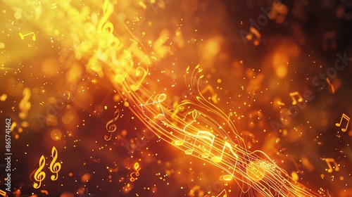 Golden flowing music notes on a dark orange background with glowing particles. photo