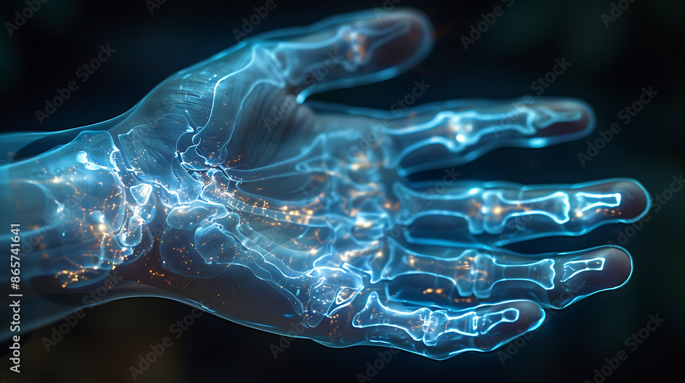 Naklejka premium Illuminate dislocated finger visible glowing Xray exemplifying interdisciplinary approach of sport medicine diagnosing treating acute injury emphasizing importance of rapid intervention rehabilitation