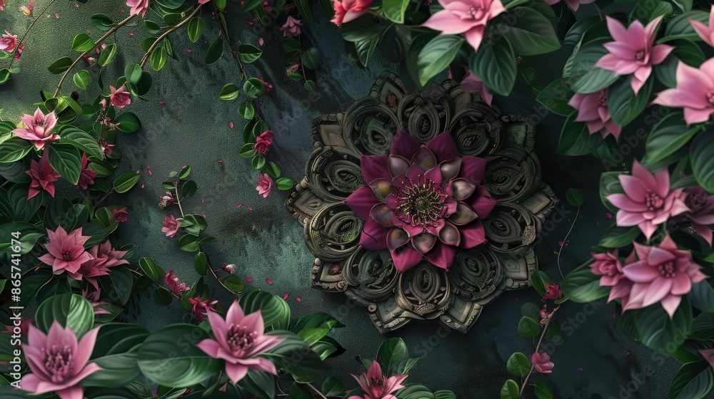 Beautiful pink flowers with green leaves natural wall pattern, centered by intricate stone floral mandala, creating a serene atmosphere. Beautiful pink flowers with green leaves natural wall pattern, centered by intricate stone floral mandala, creating a serene atmosphere.