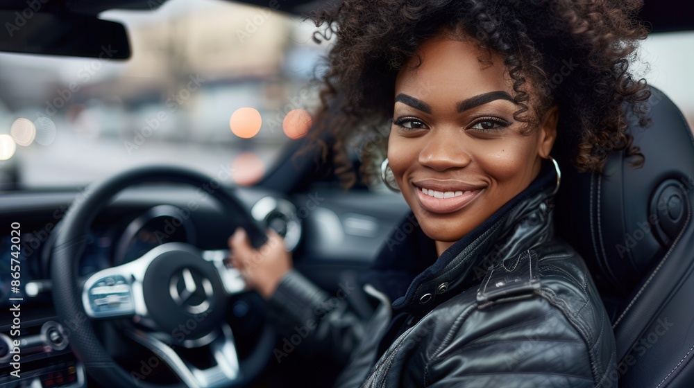 young happy black female inside her new car young happy black female inside her new car