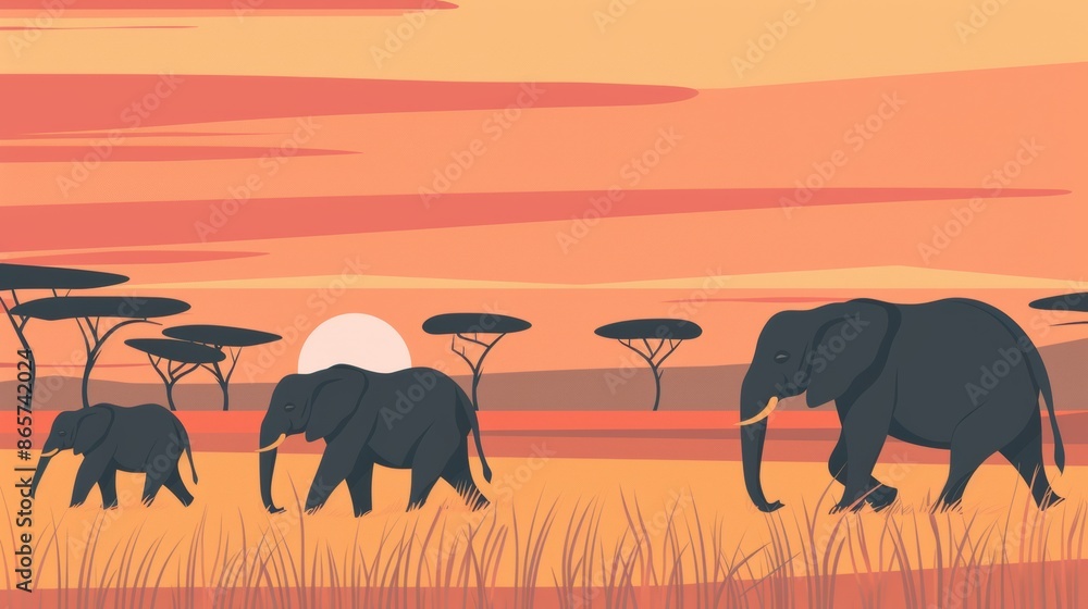Obraz premium A serene illustration of a family of elephants walking through the African savannah at sunset, with tall grass swaying and acacia trees in the background.
