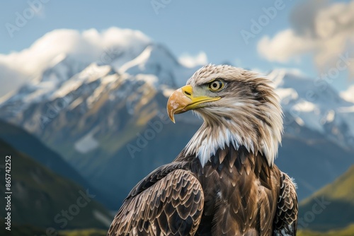 Bald eagle against snowy mountains background