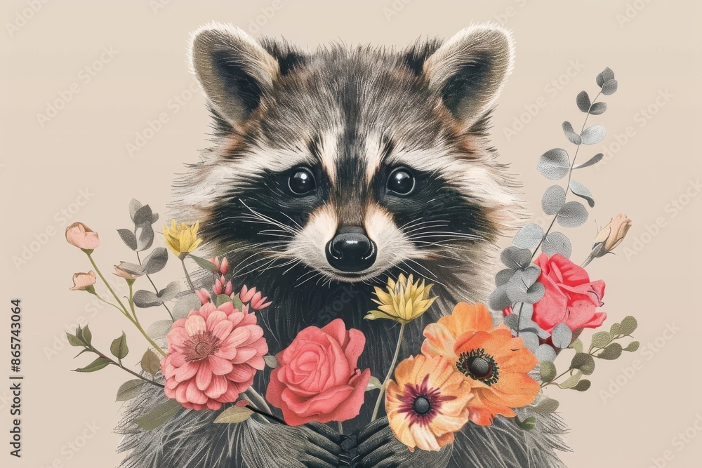 Raccoon with a bouquet of flowers Raccoon with a bouquet of flowers