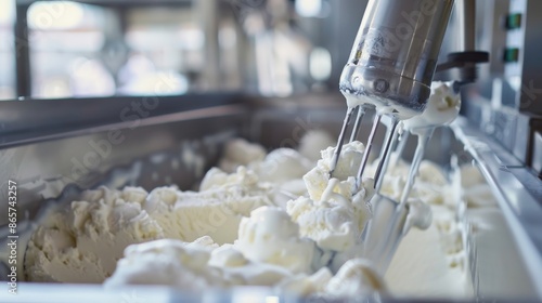 Ice cream being churned in a stainless steel machine at a dairy