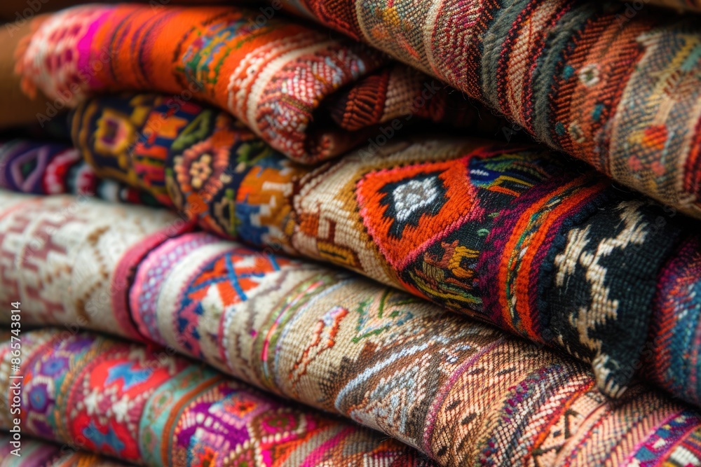 Andes textile fabric pile on Cusco handicraft market Peru. Andes textile fabric pile on Cusco handicraft market Peru.
