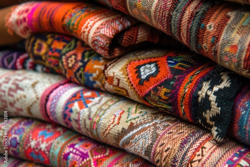 Andes textile fabric pile on Cusco handicraft market  Peru.