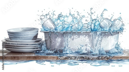 An overflowed metal sink filled with water splashing out, holding many white dishes and glasses, exhibiting a spilled and messy kitchen scenario full of water chaos.