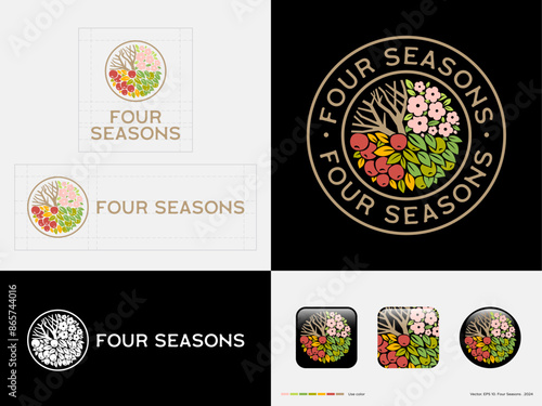 Four Season logo. Year icon. Winter, Spring, Summer and Autumn. Identity. Using colors and app icon. 