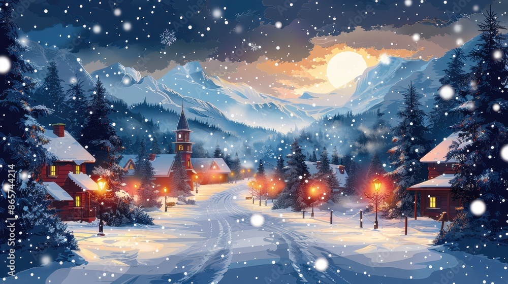 A captivating winter scene of a moonlit snowy lane in a village, dotted with warmly lit homes and covered in a blanket of snow, reflecting the ethereal beauty of winter. A captivating winter scene of a moonlit snowy lane in a village, dotted with warmly lit homes and covered in a blanket of snow, reflecting the ethereal beauty of winter.