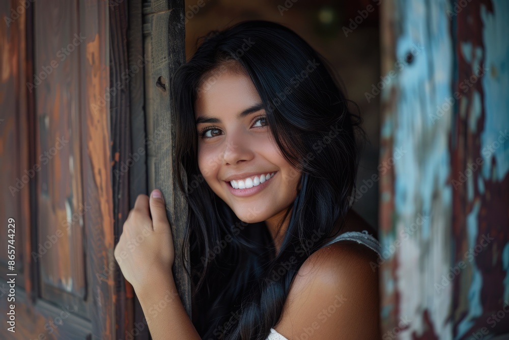 Naklejka premium happy hispanic woman with long smiling black hair leaning on a wooden side view door