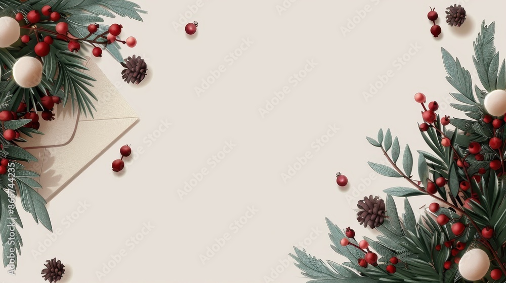 Festive Christmas-themed image with red berries, pine branches, and an envelope. Decorative elements surrounding a blank space on a neutral background, creating a holiday vibe. Festive Christmas-themed image with red berries, pine branches, and an envelope. Decorative elements surrounding a blank space on a neutral background, creating a holiday vibe.